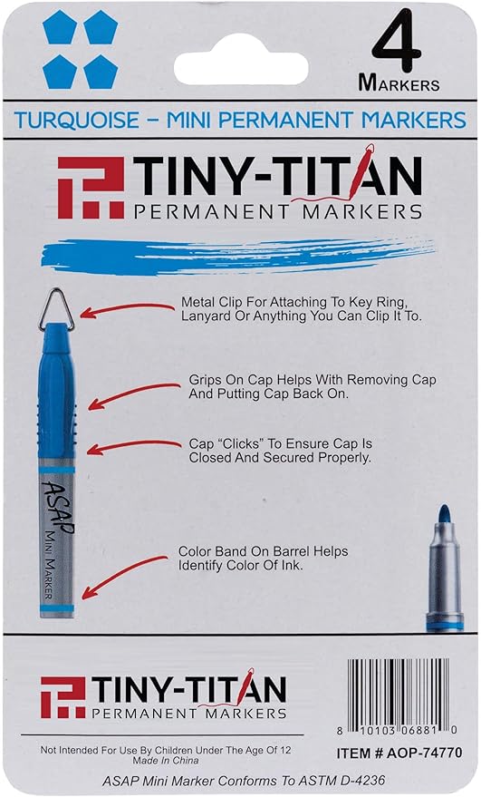 Tiny-Titan Mini Markers, Keychain Clip, Golf Ball Marker, Clip On Nurse's Badge - TURQUOISE Ink - Fine Point - 4 Pens Per Pack