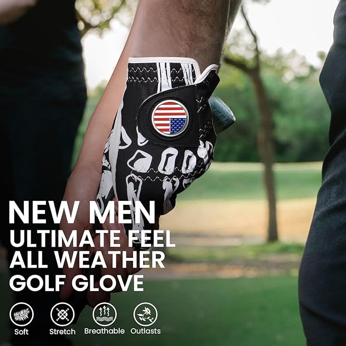 FINGER TEN Golf Gloves Men Right Handed Golfer Left Hand with Ball Marker 2 Pack Leather Breathable Comfortable Weathersof Grip Size Small Medium ML Large XL
