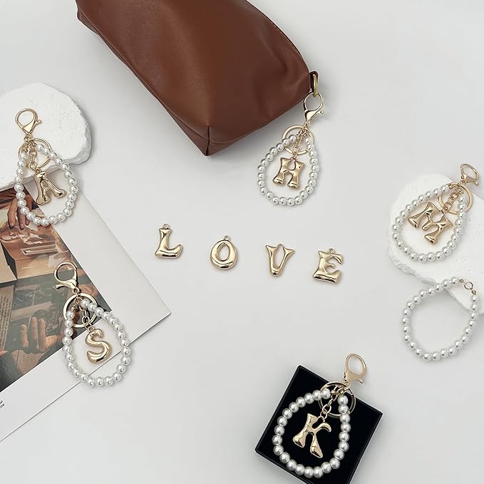 Gold Bubble Heart, Cherry, Bow & More Designs Letter Initial Keychain Bag Charms – Cute Purse Charms for Handbags