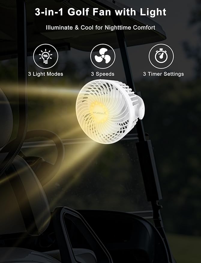 2-Pack Magnetic Golf Cart Fan Rechargeable, 12000mAH Battery Operated Portable Fan with 3 Speeds, LED Lantern, Magnetic Base, Suitable for EZGO Club Car Yamaha, Golf Cart & Cruise Ship Accessories