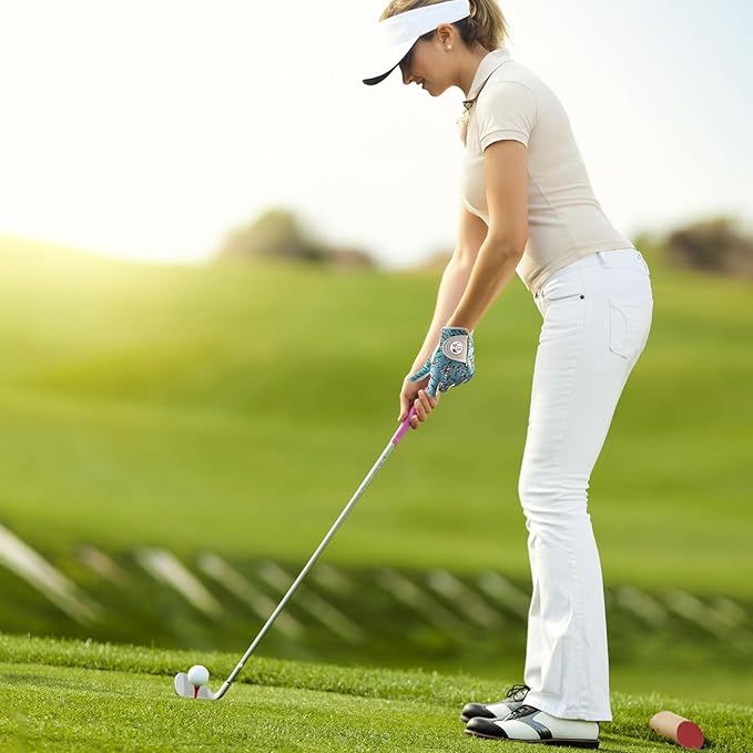 Ladies Golf Gloves Women Right Handed Golfer Left Hand Value 2 Pack with Ball Marker Leather All Weather Grip Breathable Soft Gift Set