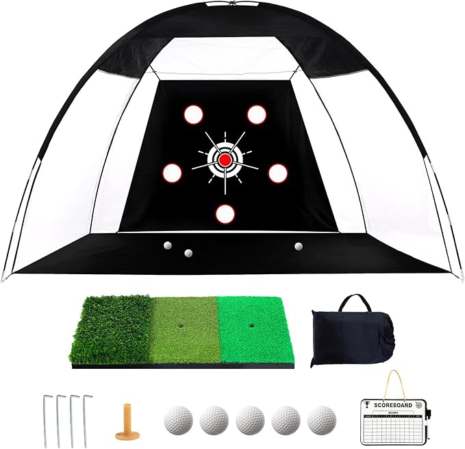 Golf Net 10x7ft, Golf Practice Net for Backyard with 5 Target Holes & Bullseye All-in-One Golf Hitting Net Kit with 3-Turf Mat for Indoor/Outdoor Swing & Chipping Training