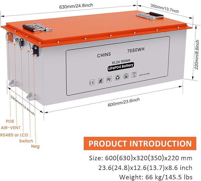 CHINS 48V 150Ah Lithium Golf Cart Battery with 48V 18A Lithium Charger, Built-in Smart 200A BMS, with Touch Monitor & Mobile APP, 4000+ Cycles Rechargeable LiFePO4 Battery, Max 10.24kW Power Output