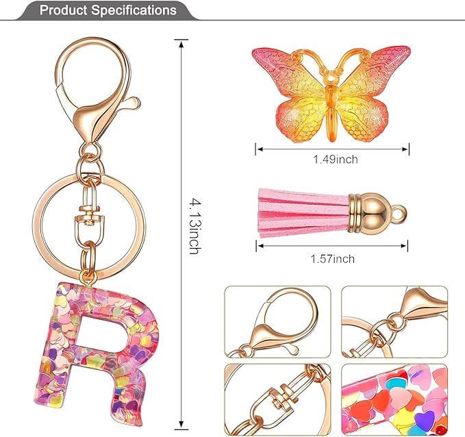 JINGUAZI Initial letter Keychains for Women Tassel Butterfly Pink Purple Cute Car Keychain for Wallet Backpack bag charm