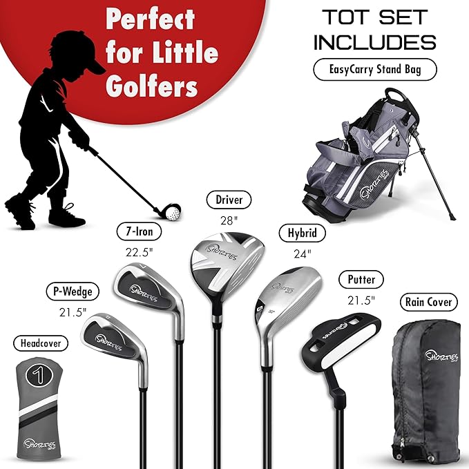 Shorties Golf - Kids Golf Club Set | Perfect for Toddler Golfers and Kids 34"-38" Tall | EasyCarry Stand Bag | Driver, 7-Iron, Putter, Headcover, and Rain Cover