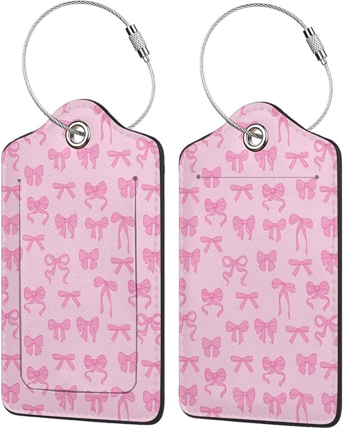 TSA Approved Luggage Tags for Suitcases Pink Bow 2 Pack Funny Leather Carnival Cruise Airport Cute Travel Name Tags Golf Bag tag Ships Essentials Privacy Cover ID Label for Women Men