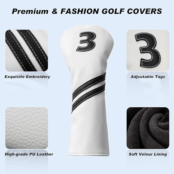 Golf Club Covers,4pcs or 1pc Golf Headcovers for Woods and Driver Fairway Hybrids Women Men - Premium PU Leather with Interchangeable Tags & Magnetic Blade and Mallet Putter Covers