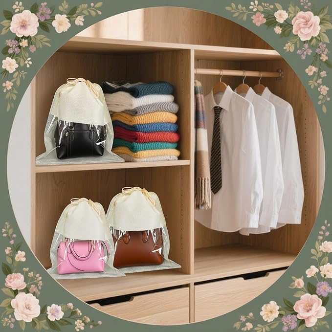 15 Pcs Dustproof Drawstring Bags Beige Dust Purse Storage Bags Non Woven String Pouch Handbags Fabric Cloth Covers Shoe Packing Organizer Pouch (Assorted Sizes)