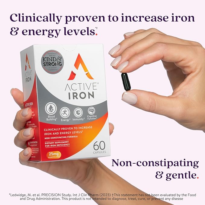 Active Iron Supplement 25mg – Clinically Proven to Increase Iron & Energy Levels – Gentle, Non-Constipating, Highly Absorbed – 60 Capsules