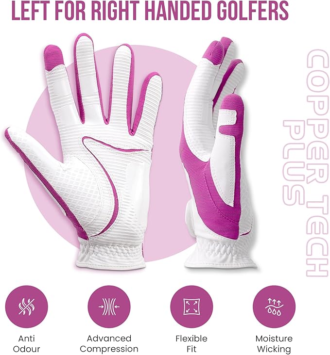 Women’s Golf Glove – White/Fuchsia – Copper Infused Compression for Arthritis Relief, Non-Slip Silicone Grip – USGA Approved, 1 Pack