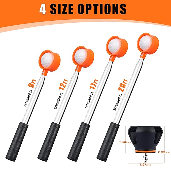 Golf Ball Retriever Telescopic, with Golf Ball Grabber for End of Putter, 9Ft/9.01Ft/12Ft/16.3Ft/20Ft Stainless Steel Golf Ball Retriever for Water