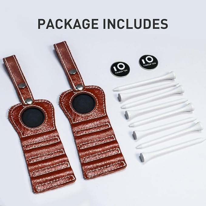 FINGER TEN Golf Tee Holder with Ball Marker and 4 Pcs Wood Tees Value 1/2 Pack, Luxury Leather Gift Hook to Golf Bag Belt Clip