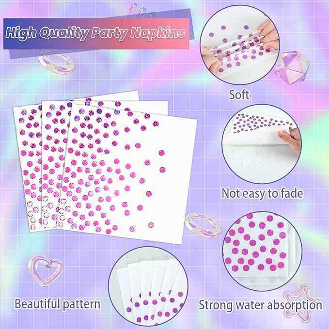 96Pcs Iridescent Pink Party Decorations Iridescent Theme Tableware Set Hot Pink Holographic Paper Plates Napkins Fork for Birthday Dinnerware Girls Women Mermaid Disco Shiny Laser Supplies 24 Guests