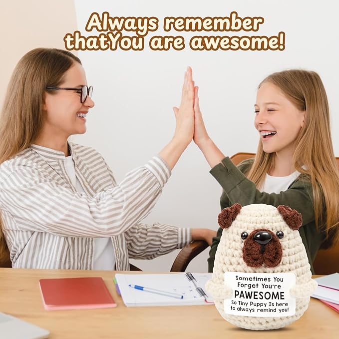 Mini Positive Crochet Dog，Funny Emotional Support Crochet Stuffed Gifts Cute Crochet Animals with Positive Messages Emotional Support Crochet Animals Handmade Crochet Puppy Inspirational Crochet Gift