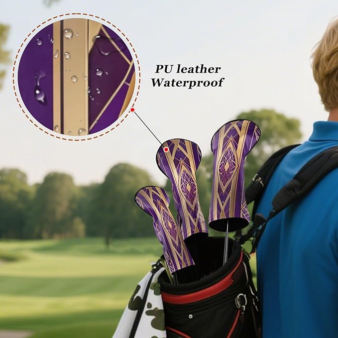 Leather Golf Club Head Covers for Driver/3 5 Wood/Hybird,Velvet,with Label,Purple-Glod