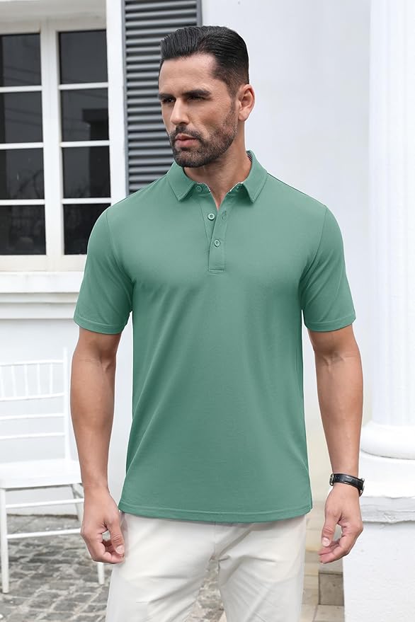 MAGCOMSEN Men's Polo Shirts Short Sleeve Cotton Pique 3 Button Classic Fit Casual T-Shirt Performance Golf Shirts
