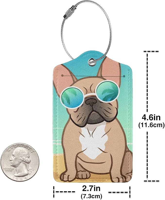 Cute French Bull Dog 2 Pcs Luggage Tags, Privacy Cover Id Label with Stainless Steel Loop and Address Card for Suitcases & Travel Bags