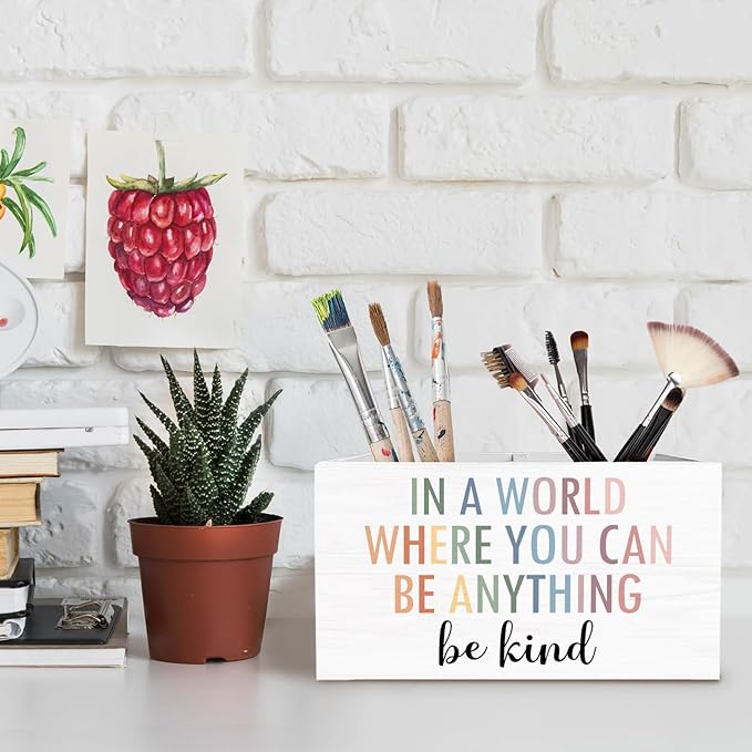 Boho Motivational Pen Pencil Holder for Desk, Boho Classroom Decor, In a World Where You Can Be Anything Be Kind Wooden Box Sign Desk Decor for Classroom Kids Room Decoration