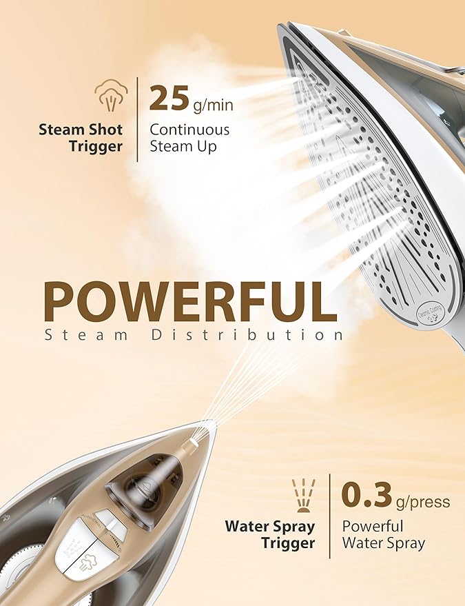 1500W Steam Iron for Clothes with 11.84oz Water Tank, 15-Second Fast Heat-Up, Ceramic Soleplate, Anti-Drip & Auto-Off, Burst of Steam & Self-Cleaning