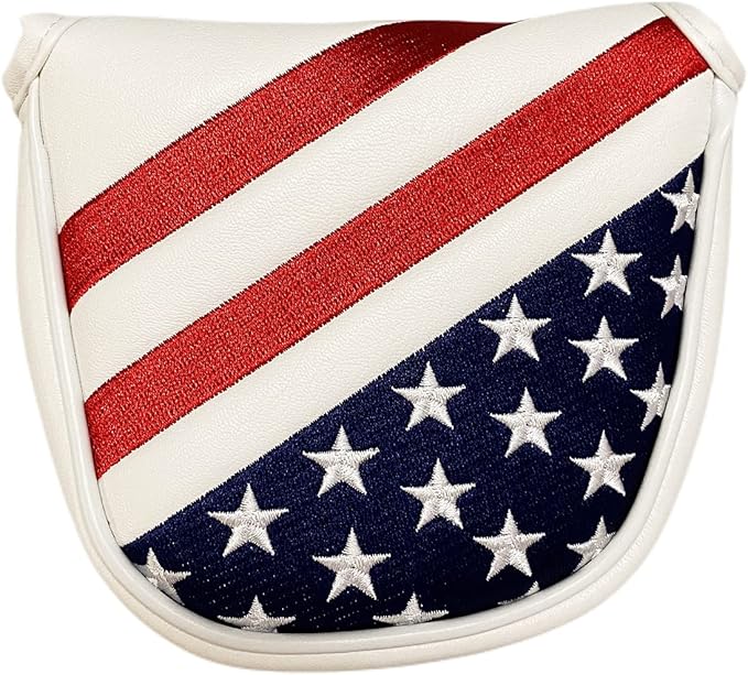 Embroidery Stars & Stripes Center Shafted Golf Mallet Putter Cover Magnetic Mallet Putter Head Cover Club Protective Case, Red White Blue Mallet Putter Headcover
