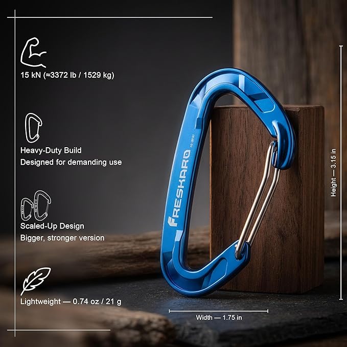 FresKaro 15kN-3372lbs Heavy Duty Wiregate Carabiners, Reliable Time-Tested Stainless Steel Spring Gate, for Camping, Hiking, Hammocks, Backpacking, Dog Leash etc., 3.15inch