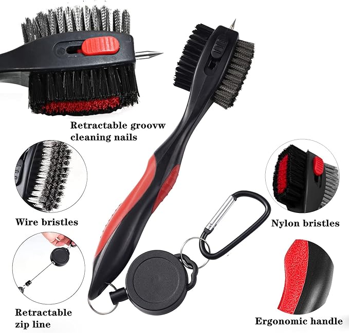 Golf Club Brushes, Golf Cleaning Tool, with Retractable Cleaning Nails, Nylon and Wire Bristles Oversize Double Brush Head with 2ft Retractable Zip-line Metal Buckle