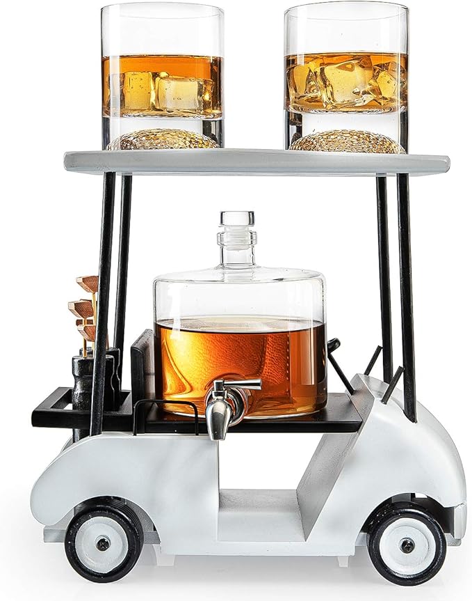 Golf Cart Decanter Whiskey Decanter and 2 Whiskey Glasses - The Wine Savant, Gift for Both Men & Women, Golfs Accessories, Golfer Gifts, Based on A Replica (850ml Decanter - 8 Ounce Glasses)