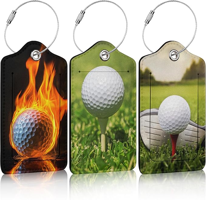 3 Pack Golf Ball Luggage Tags for Suitcase PU Leather Travel Luggage Tag Privacy Cover ID Label with Stainless Steel Loop for Women Men Baggage Backpack Handbag School Bag