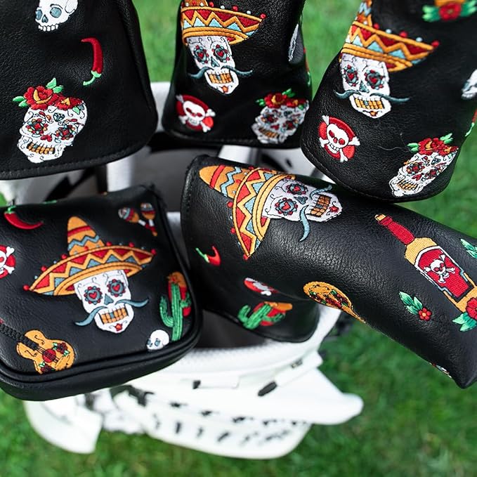 Golf Club Headcover for Drivers, Fairway Woods, Hybrids, and Mallet Blade Putter Sugar Skull Style Premium Leather Golf Headcovers Set with Interchangeable No. Tags