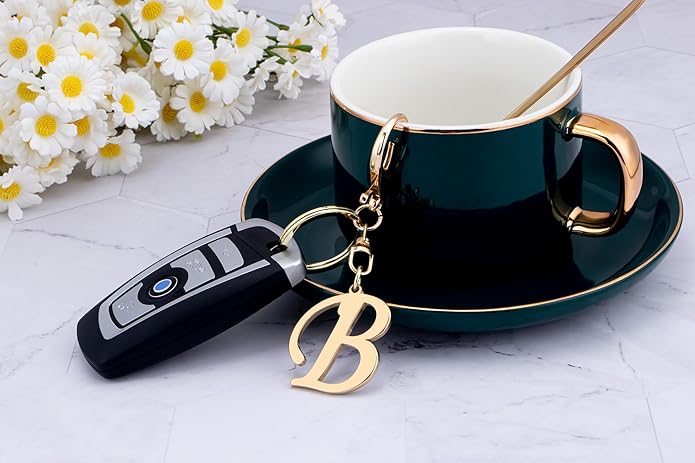 Cute Stainless Steel Gold Initial Letter Keychain for Women Girl, Charms for Key Handbag Backpack Bag, Personalized Gift