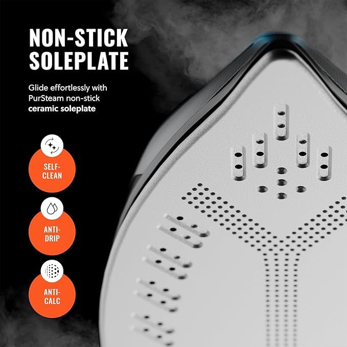 Pursteam SteamBurst+ 1750W Steam Iron, Ceramic Soleplate, Adjustable Steam, Burst of Steam, Self-Clean, Anti-Calc, Anti-Drip, Powerful & Long-Lasting Steam for All Fabrics