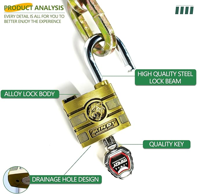50mm Heavy Duty Waterproof Keyed Padlock with 4 Keys Resettable for Outdoor Use, Brass Finish