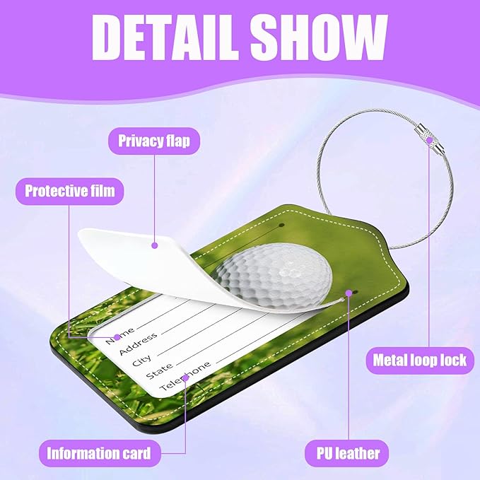 3 Pack Golf Ball Luggage Tags for Suitcase PU Leather Travel Luggage Tag Privacy Cover ID Label with Stainless Steel Loop for Women Men Baggage Backpack Handbag School Bag