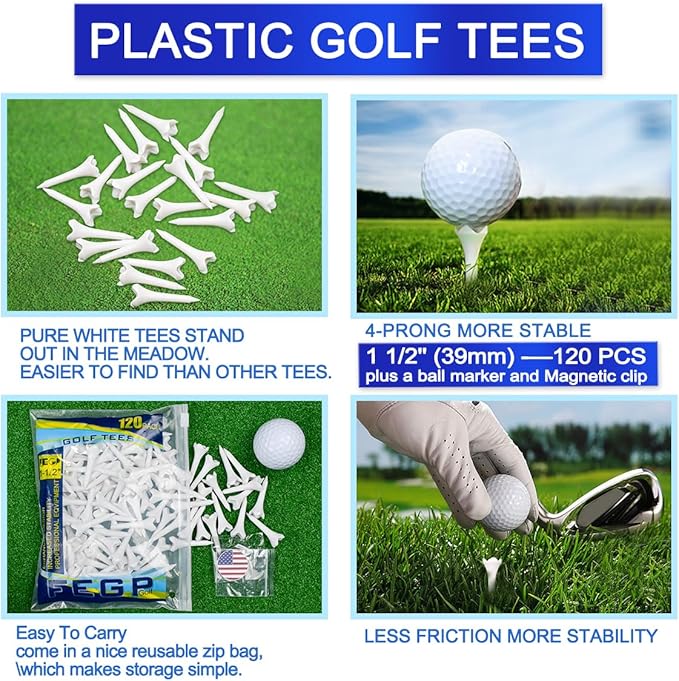 1 1/2'' Plastic Golf Tees – Short Tees for Irons, Par Threes, Hybrids, and Driving Range - Pack of 120 Bulk 4 Prongs Plastic Golf Tees Performance Series Low Resistance Golf Tee White
