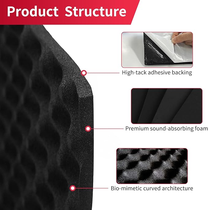 20mm Thick self-Adhesive Sound Acoustic Panels Wave Foam Proof Padding Soundproofing Eggcrate Design Car Heatproof Noise Deadener Mat for Studio, Walls, Doors, 33"x13" 3sqft