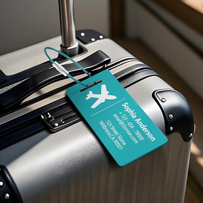 4 Pack Personalized Luggage Tags, Custom Engraved Aluminum Luggage Tags with Your Personalized Text, Waterproof Metal Name Tags With Steel Loop for Bags, Suitcase, Baggage, Backpack (Lake Blue, Small)