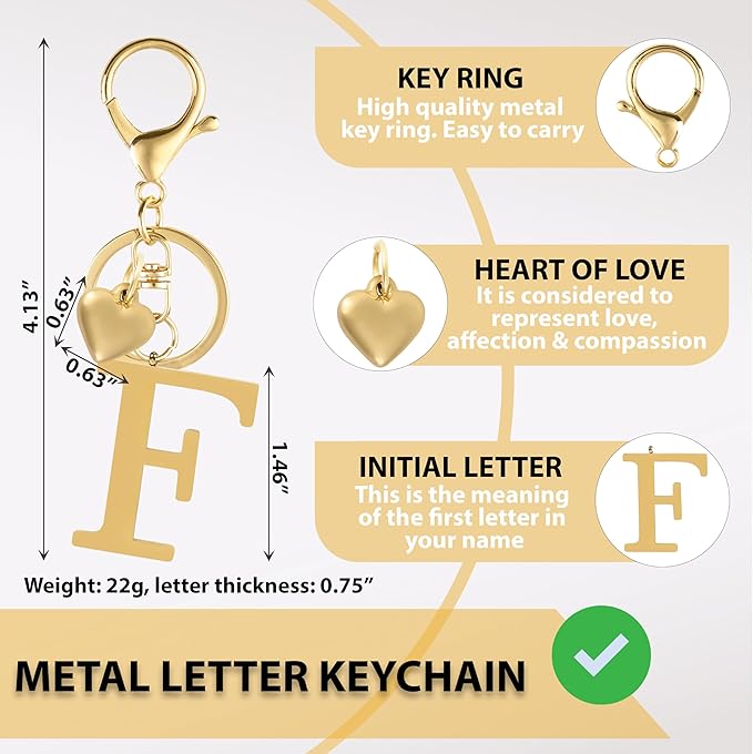 Metal Heart Alphabet Keychain for Women, Girls - Cute Initial Letter Accessories for Purse, Bag Charms and Backpack