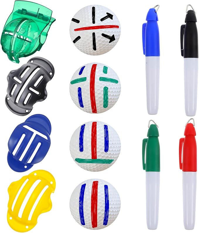 8 Pack Golf Ball Line Marker Tool,Golf Ball Stencil Alignment Kit,4 Golf Ball Marker Stencil and 4 Color Golf Ball Markers,Easy Ball ID &Putting Practice