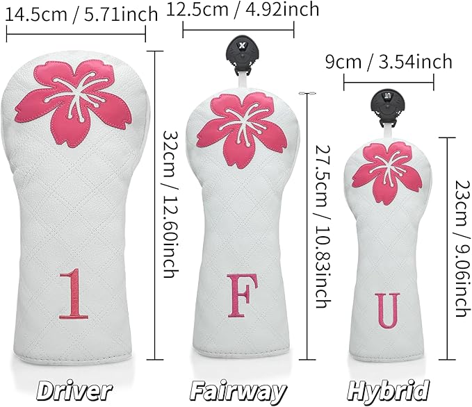 Grid Cherry Blossom Design Golf Covers PU Headcovers Set Fits Driver Fairway Wood Hybrid Utility Woods Iron Wedge Headcover, Premium Leather Golf Headcovers