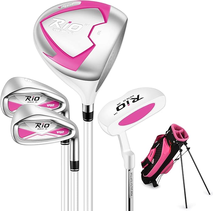 PGM Junior Golf Clubs Set - Kids Golf Clubs for Ages 3-5, 6-8, 9-12 | Right Handed - Oversized Sweet Spot 360cc Driver - Lightweight Graphite Shafts - Golf Stand Bag