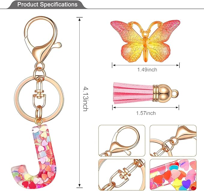 JINGUAZI Initial letter Keychains for Women Tassel Butterfly Pink Purple Cute Car Keychain for Wallet Backpack bag charm