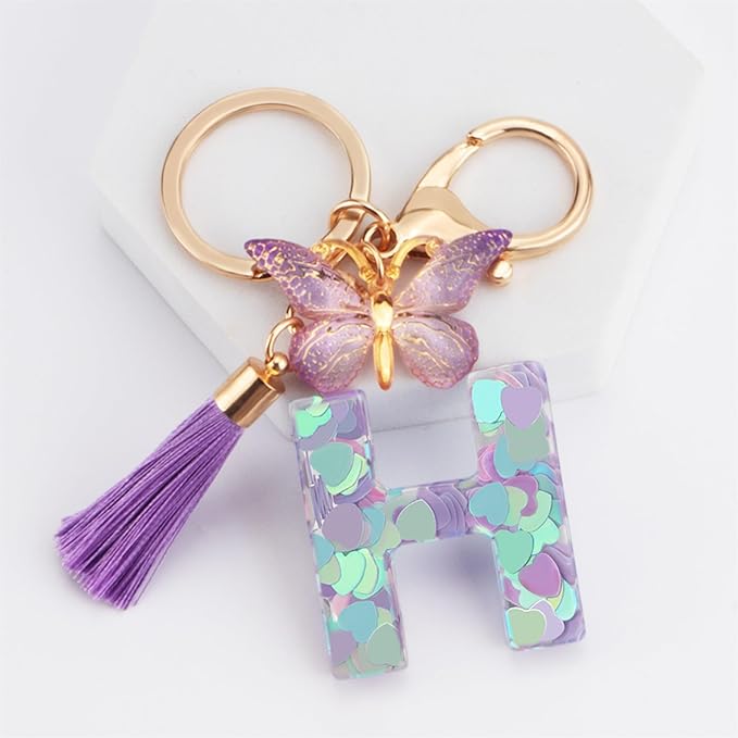 Suweibuke Colourful Cute Initial Letter Keychains for Women Girls with Tassel Butterfly, Charm for Purse Handbags Backpacks