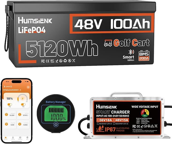 HumsiENK 48V 100Ah Golf Cart LiFePO4 Lithium Battery Bluetooth Monitor with 15A Charger, 15000+ Cycles Battery with Peak Current 600A & Group 8D, 200A BMS with Low-Temp Protection for Golf Carts