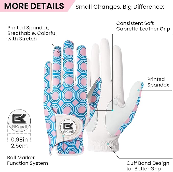 Ladies Golf Gloves Women Right Handed Golfer Left Hand Value 2 Pack with Ball Marker Leather All Weather Grip Breathable Soft Gift Set