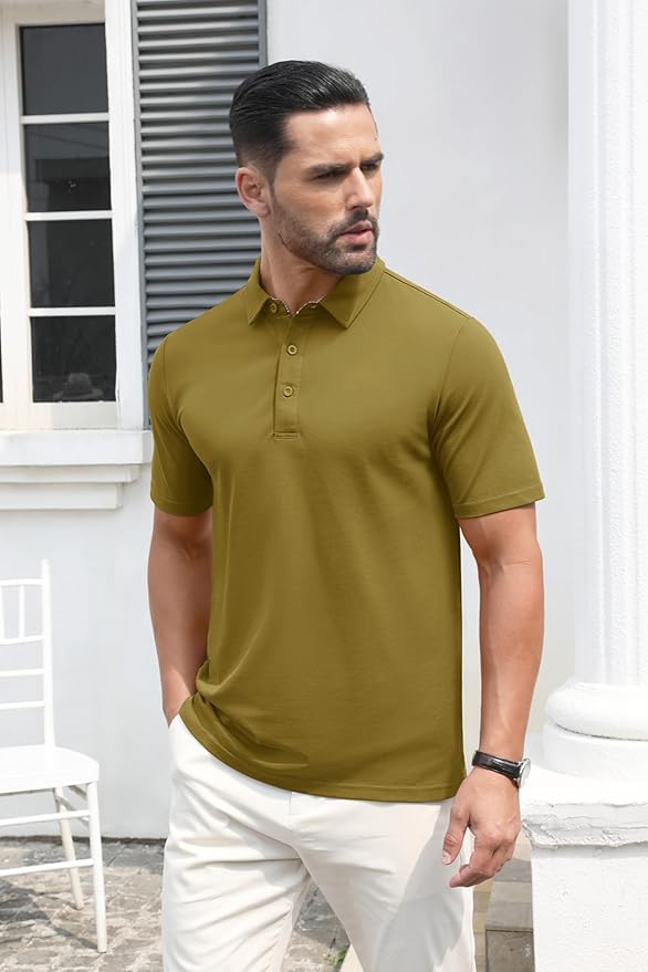 MAGCOMSEN Men's Polo Shirts Short Sleeve Cotton Pique 3 Button Classic Fit Casual T-Shirt Performance Golf Shirts