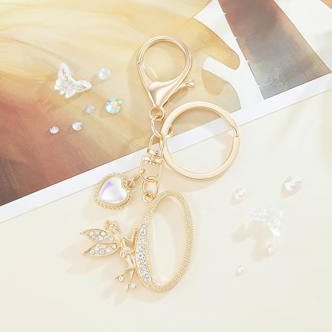 Gold Plated Alphabet Initial Letter Keyring Keychain for Women Girls Crystal Key Chains for Wallet Backpack Bag Charm