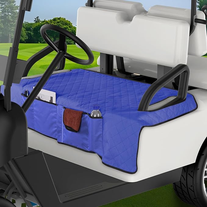 Kaskawise Golf Cart Seat Covers,Universal Golf Cart Seat Towel Blanket with 4 Front Pockets & Nonskid Bottom Fits for EZGO, Yamaha, Club Car DS Precedent and More 2 Person Seats Golf Carts (Navy Blue)
