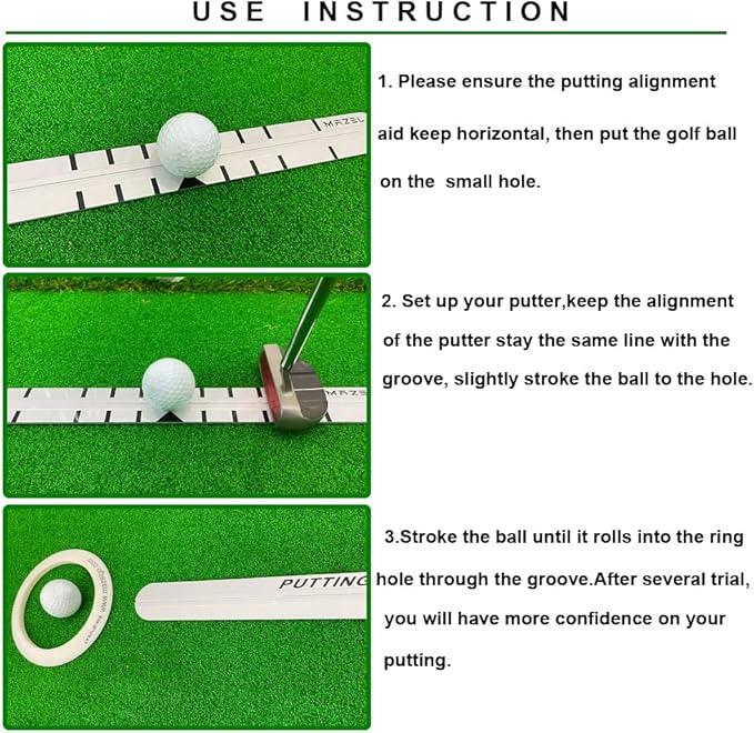 MAZEL Golf Putting Alignment Rail,Alloy Steel Golf Trainer Aid for Putting Green,35 * 1.6 Inch,Precision Distance Control & Instant Feedback (Putting Alignment Rail, Putting Ring, Practice Ball)