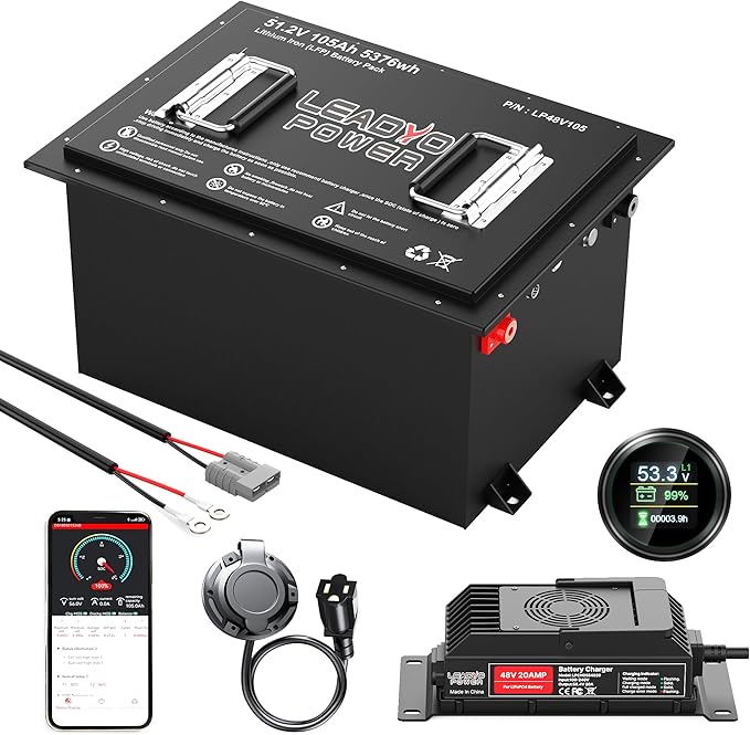 48V 105Ah Lithium Golf Cart Battery, Built-in Smart 250A BMS with Round LCD Dispaly & Mobile APP, 6000+ Cycles Rechargeable LiFePO4 Battery, Max 12.8kW Power Output, Perfect for Golf Carts