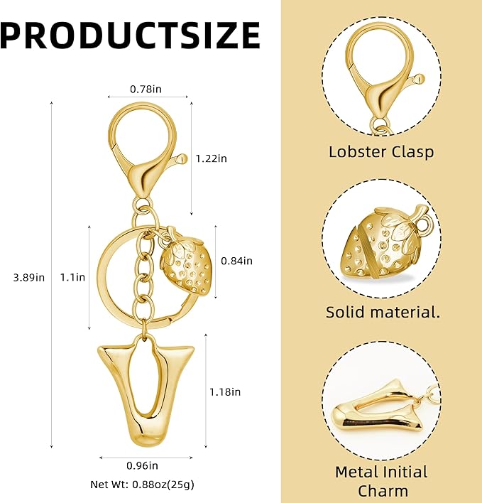 Gold Bubble Heart, Cherry, Bow & More Designs Letter Initial Keychain Bag Charms – Cute Purse Charms for Handbags